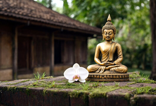 Golden Buddha statue meditating in a serene garden with orchid flower and traditional wooden house background