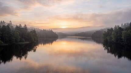 Fototapeta premium Sunrise reflecting on a calm lake surrounded by misty forest