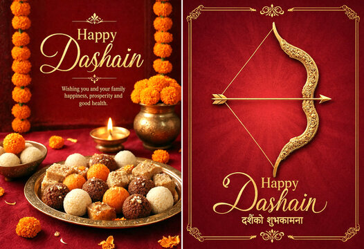 Happy Dashain festival celebration with traditional sweets flowers and decorative elements in vibrant red theme