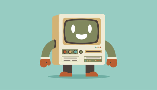 Cute friendly toy robot character made of an old retro desktop computer, smiling on a soft teal blue background.