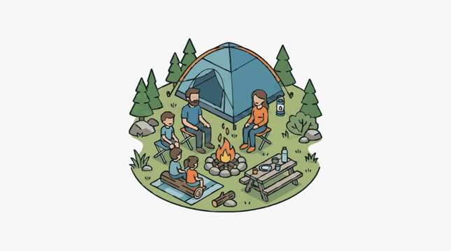 Family camping trip with tent and campfire in forest.