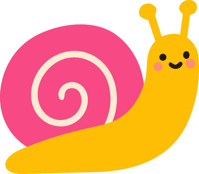 Cute happy smiling yellow snail cartoon character with pink spiral shell clip art vector illustration isolated on transparent background.