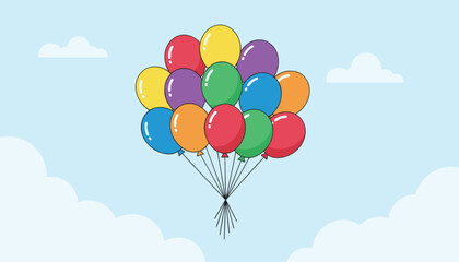 Fototapeta premium Giant colorful bouquet of floating party balloons drifts high up in the blue sky among soft white clouds.