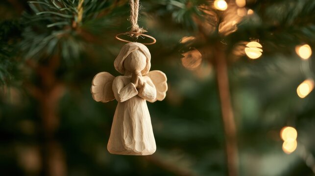 Wooden Angel Ornament Praying On A Christmas Tree Branch. AI Generated Image