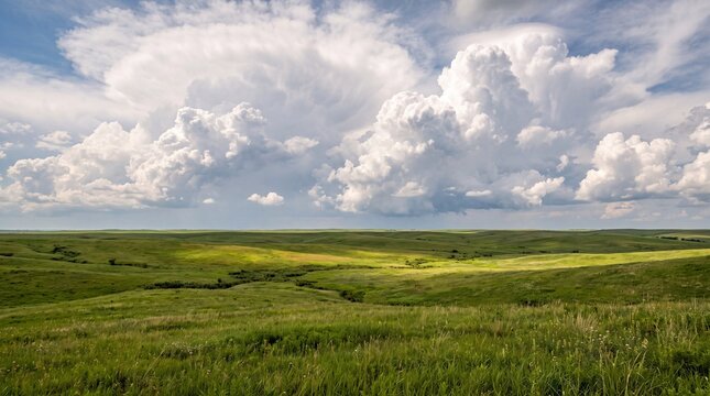 Massive storm clouds loom over rolling green prairie hills
