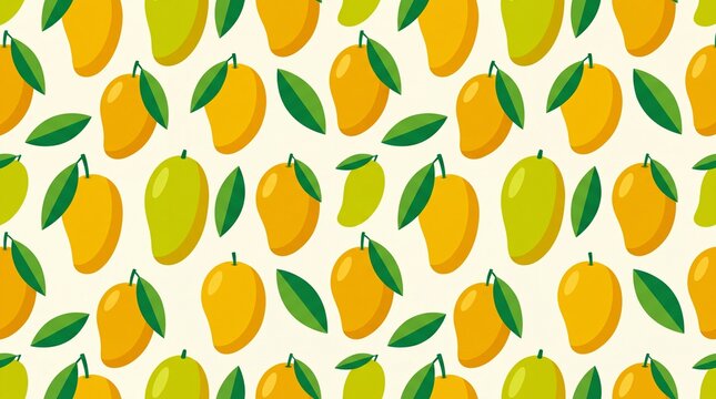 Seamless vector pattern with yellow and green mangoes on light background