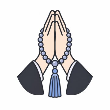 数珠をかけて合掌する手のイラスト 葬儀や法要お墓参りの供養の場面に使えるシンプルな線画