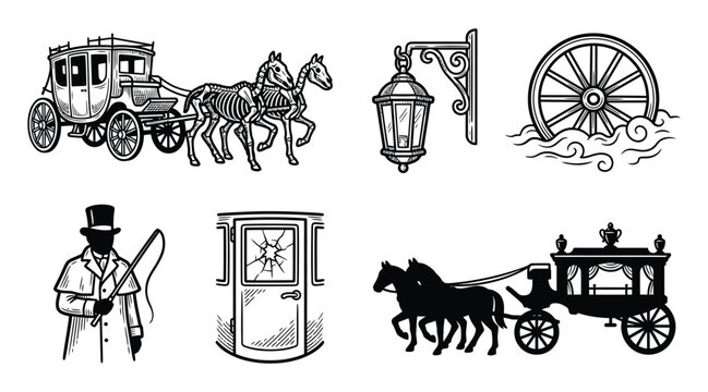 Set of vintage carriage and spooky gothic elements