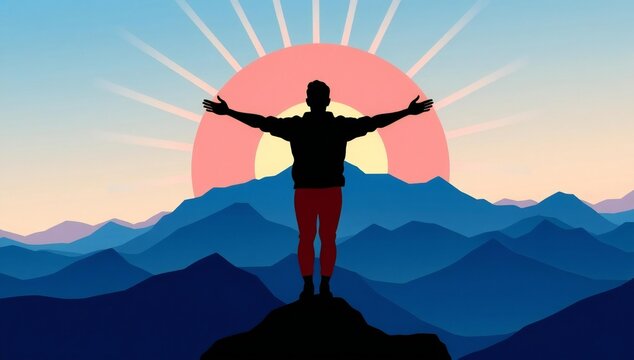 Silhouette of a person standing on a mountain peak at sunrise