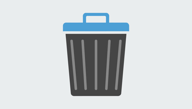Gray trash can icon with a blue lid indicating garbage waste management and computer recycle bin flat vector.