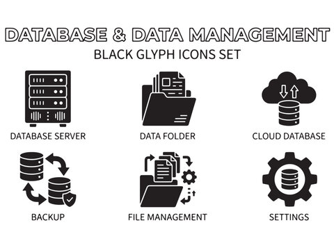 Set of six black glyph icons for database and data management systems