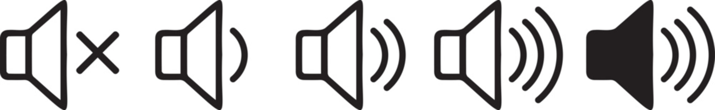 Black volume control speaker icons showing muted to maximum sound levels