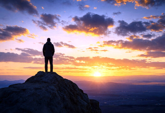 Silhouette of a person standing on a mountain peak at sunrise with colorful sky and clouds