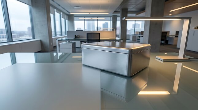 A sleek metal box on a glass desk in a modern corporate office representing a bankruptcy chapter concept