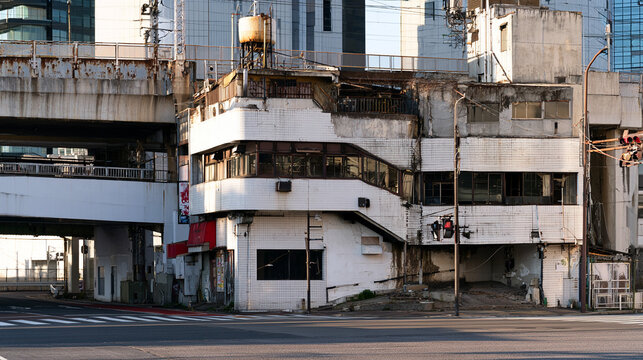 A High-Resolution Urban Stock Photograph Capturing an Aging Multi-Level Building and Elevated Concrete Railway Overpass at a City Intersection