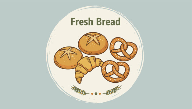 Bakery logo emblem on light circular background featuring fresh buns, pretzels, croissant, and ears of wheat.