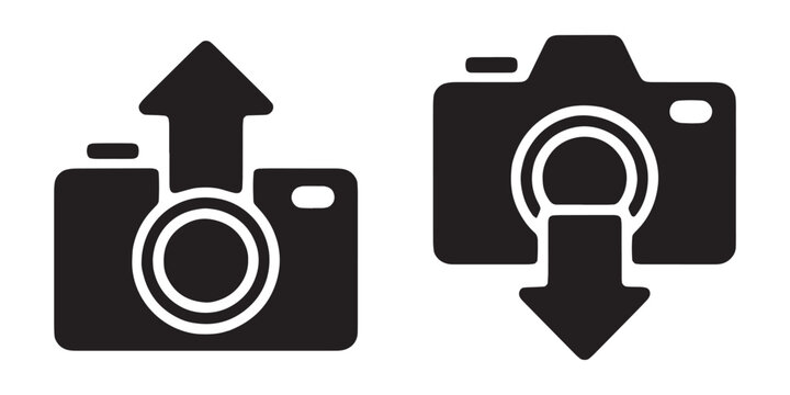 Black photo camera icons with up and down arrows symbolizing upload and download functions.