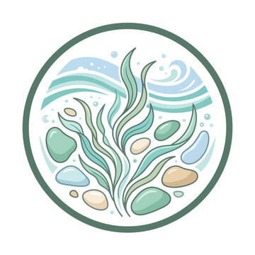 Underwater kelp and pebbles circular vector illustration
