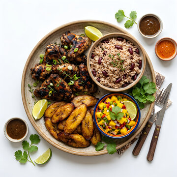Caribbean-inspired platter featuring grilled meats, rice, plantains, and dipping sauces on woven tray with lime wedges