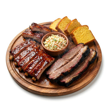 BBQ meat platter with pork ribs, beef brisket, coleslaw and cornbread