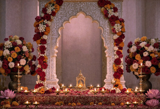 Traditional Hindu altar with intricate carvings flowers candles and golden idol for spiritual worship ceremony