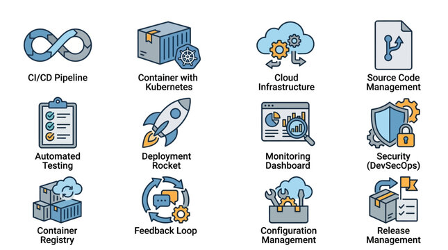 Corporate DevOps CI CD Pipeline Workflow Illustrated with Icons and Colorful Symbols with high quality professional line art symbols for modern creative design and digital branding projects