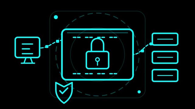 Glowing neon cyber security padlock icon on virtual digital screen protecting computer network database server connection on black background