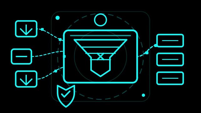 Futuristic neon cyan data processing diagram showing digital information filtering through a funnel with security shield and input output flow