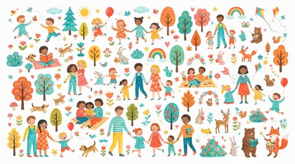 Fototapeta premium Watercolor Happy Family and Outdoor Kids Activities Clip Art Set on White Background