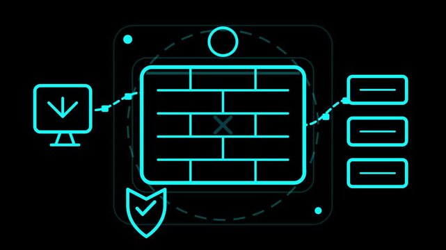 Cyan neon cyber security firewall protection vector illustration showcasing computer network data transfer shield safety on black background