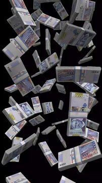 Vertical Haiti Money, Falling Haitian Gourde Bills Black Background, Premium Caribbean Port-au-Prince Finance Cash Stacks, 4K