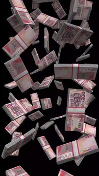 Vertical Ghana Money, Falling Ghanaian Cedi Bills Black Background, Premium West Africa Accra Finance Cash Stacks, 4K