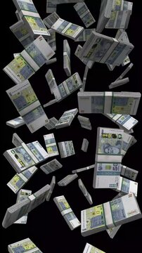 Vertical Tajikistan Money, Falling Tajikistani Somoni Bills Black Background, Premium Central Asia Dushanbe Finance Cash Stacks, 4K