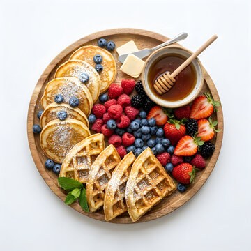 Assorted breakfast platter with pancakes, waffles, fruit, and honey for social media marketing