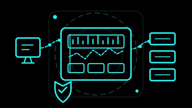Abstract neon line icon of secure database system monitoring with analytics dashboard interface in smooth digital flow sequence