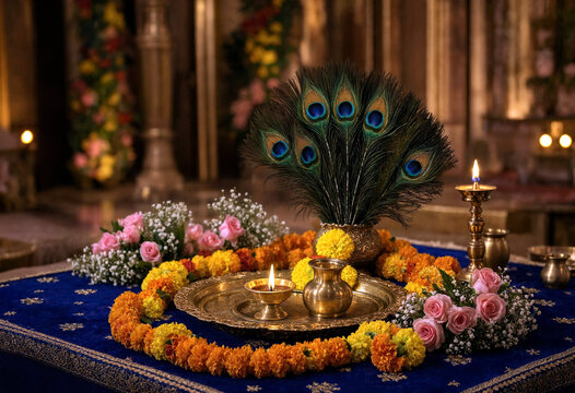 Traditional indian pooja setup with peacock feathers flowers and brass items on decorative cloth