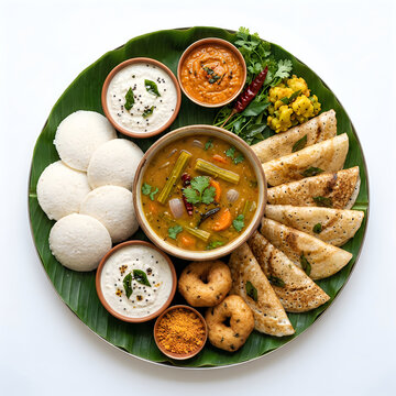 South indian breakfast assortment with banana leaf presentation for food bloggers and recipe developers