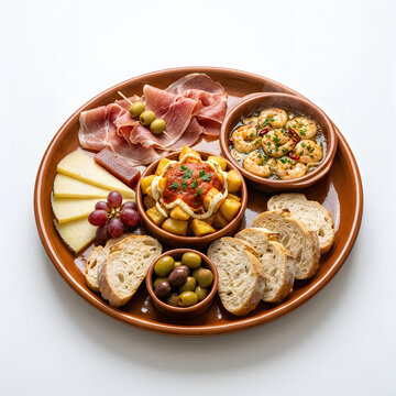 Spanish tapas platter with jamon cheese patatas bravas and garlic shrimp