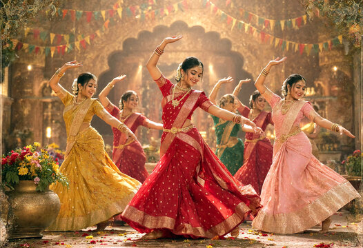 Traditional Indian women in colorful sarees performing classical dance in a festive palace setting with decorations