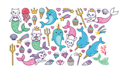 Cute kawaii mermaid cat and narwhal sticker set with trident crown diamond shooting star cupcake ice cream and hearts © Tuzmmal