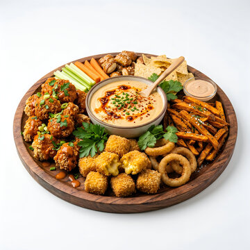 Colorful vegan appetizer platter with dips arranged on wooden board for restaurant menu design
