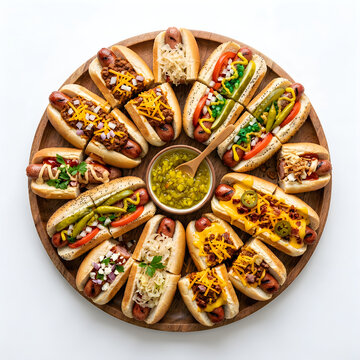 Assorted gourmet hot dogs with diverse toppings arranged on wooden board for food presentation