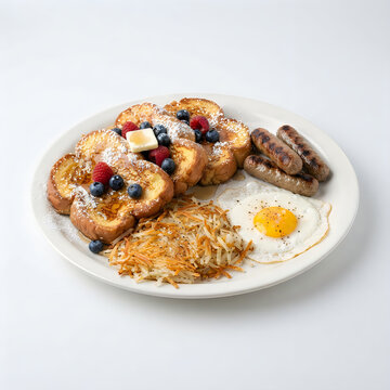 Breakfast platter with French toast, fried egg, sausage and hash browns