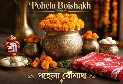 Traditional Pohela Boishakh celebration with marigold flowers brass pots sweets and red cloth