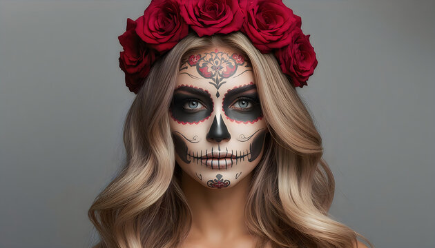 Portrait of blonde woman with intricate skeleton face paint and red rose crown.