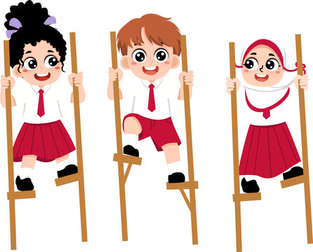Diverse School Children Playing Egrang Bamboo Stilts Traditional Indonesian Game Illustration