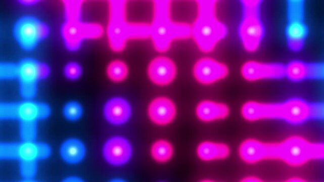 Abstract glowing neon pink and blue LED grid lights blinking on a dark background