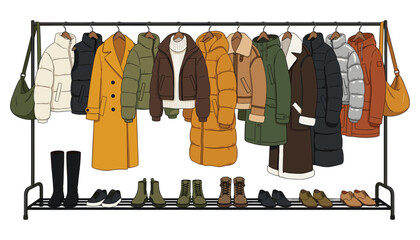 Vector illustration of clothing rack with winter wardrobe jackets coats puffer parkas boots and bags isolated on white background © Tuzmmal