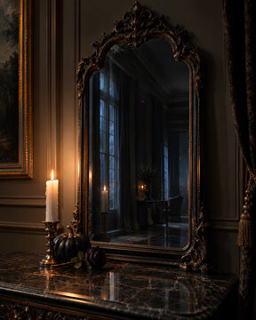 Vintage ornate mirror with burning candle and gothic decor on a black marble table in a dark, atmospheric room for halloween