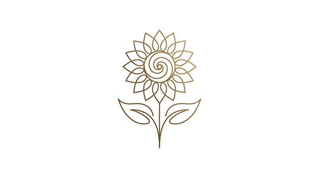 black and white sunflower botanical illustration with blooming petals, leaves, and stem isolated on a white background.
